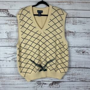 Mens Vintage 90s Lands End Yellow Navy Stripe Golf Sweater Vest Preppy Cotton L